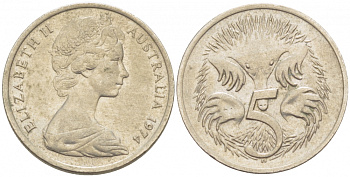 АВСТРАЛИЯ 5 ЦЕНТОВ 1974 ЕЛИЗАВЕТА II, МОЛОДОЙ ПОРТРЕТ, ЕХИДНА KM 64 медно-никель 3851-1127