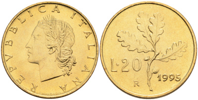 Италия 20 лир 1995 R, дубовый лист KM 97.2 алюминиевая бронза  UNC  4594-1016