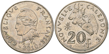 Французская Новая Каледония 20 франков 2010 три быка, (IEOM) KM 12a, Schoen 14a медно-никель 4137-415