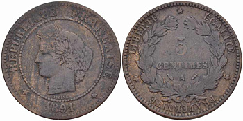 ФРАНЦИЯ 5 САНТИМОВ 1891 А, ТРЕТЬЯ РЕСПУБЛИКА (1871-1940) KM 821.1, LE FRANC 118.34 бронза 108-641