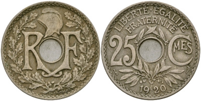 Франция 25 сантимов 1920 KM 867a медно-никель 51-2931