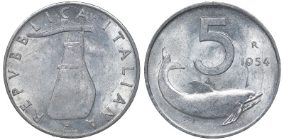 Италия 5 лир 1954 плуг, дельфин KM 92 алюминий 4163-722