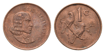 ЮАР 1 цент 1967 Ян ван Рибек (1619-1677), Suid Africa, легенда на африкаанс, капские воробьи KM 65.2 бронза aUNC 4690-1015