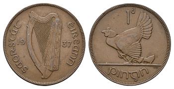 Ирландия 1 пенни 1937 курица с цыплятами KM 3 бронза 4672-522
