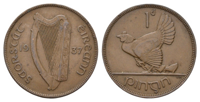 Ирландия 1 пенни 1937 курица с цыплятами KM 3 бронза 4672-522