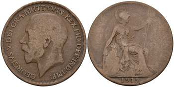 Великобритания 1 пенни 1919 Георг V (1910-1936) KM 810, Spink 4051 бронза 4572-1233