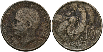 ИТАЛИЯ 10 ЧЕНТЕЗИМО 1924 R, ВИКТОР ИМАНУИЛ, ПЧЕЛА KM 60 медь 98-125