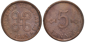 ФИНЛЯНДИЯ 5 ПЕННИ 1965 KM 45 медь 3334-1047