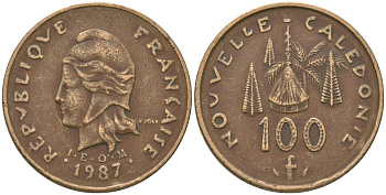 Французская Новая Каледония 100 франков 1987 хижина среди сосен и пальм, (IEOM) KM 15, Schoen 16, Lec 135 никель бронза 88-445