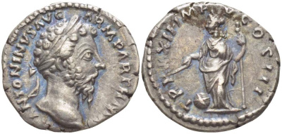 Римская Империя денарий 168 Марк Аврелий, ANTONINVS AVG PIVS ARM PARTH MAX, бюст императора / TR P XXIII IMP V COS III, Провиденция, Рим, 3,26 гр RIC 176 серебро 1073-18-93