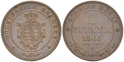 Саксония 1 пфенниг 1865 В, Иоганн (1854-1873) KM 1216, Jaeger 121, AKS 155 медь 4396-1042