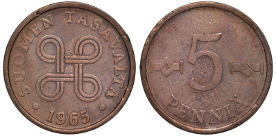 ФИНЛЯНДИЯ 5 ПЕННИ 1965 KM 45 медь 3334-1047