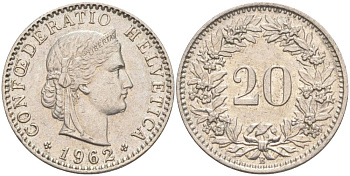 Швейцария 20 раппенов 1962 В KM 29a медно-никель 55-815
