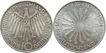 ФРГ 10 МАРОК 1972 D, ОЛИМПИАДА, СПИРАЛЬ J 401b, KM 134.1 серебро aUNC 1522-331