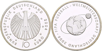ФРГ 10 евро 2004 чемпионат мира по футболу в Германии 2006 года, футбольный мяч на орбите земли KM 229, DE.S. 10.12 серебро PROOF 1085-5-42