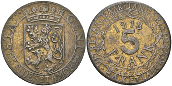 Гент, Фландрия, Бельгия КОПИЯ 5 франков 1918 немецкая оккупация, Первая мировая война KM Tn7 железо плакированная латунью 63-114