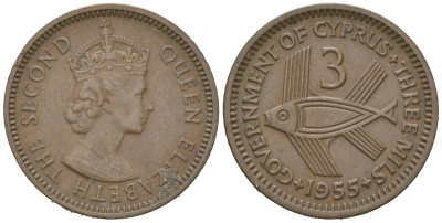 Кипр 3 миля 1955 Елизавета II (1952-2022), рыба KM 33 бронза 4152-623