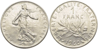 ФРАНЦИЯ 1 ФРАНК 1960 СЕЯТЕЛЬ KM 925.1, LE FRANC 226.4 никель 175-456
