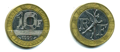 Франция 10 франков 1990 тип Гений Бастилии KM 964.1, Le Frank 375.5 биметалл 36-824