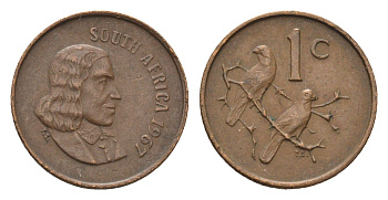 ЮАР 1 цент 1967 Ян ван Рибек (1619-1677), South Africa, легенда на африкаанс, капские воробьи KM 65.1 бронза 4690-1155