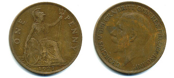 Великобритания 1 пенни 1927 Георг V (1910-1936) КМ 826, Spink 4054 бронза 41-935