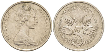 АВСТРАЛИЯ 5 ЦЕНТОВ 1973 ЕЛИЗАВЕТА II (1952-) МОЛОДОЙ ПОРТРЕТ, ЕХИДНА KM 64 медно-никель 4516-654