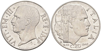 ИТАЛИЯ 20 ЧЕНТЕЗИМО 1941 R, ГОД XIX, ВИКТОР ЭММАНУИЛ III (1900-1946) KM 75b, VEM3. 1028 нержавеющая сталь 3853-743