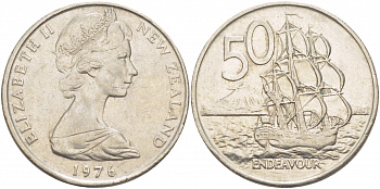 Новая Зеландия 50 центов 1976 Елизавета II (1952-2022), парусник Индевор KM 37.1 медно-никель 215-211