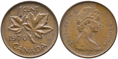 Канада 1 цент 1970 Елизавета II (1952-2022), кленовый лист KM 59.1 бронза 4528-734