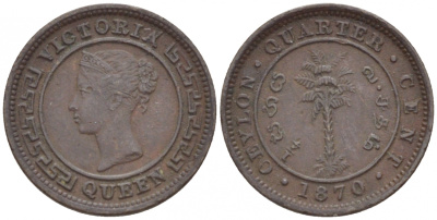 ЦЕЙЛОН 1/4 ЦЕНТА 1870 ВИКТОРИЯ KM 90 медь 4549-119