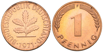 ФРГ 1 пфенниг 1971 F KM 105, J.380 сталь плакированная медью PROOF 1094-7-63