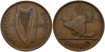 Ирландия 1 пенни 1935 курица с цыплятами KM 3 бронза 4157-1111