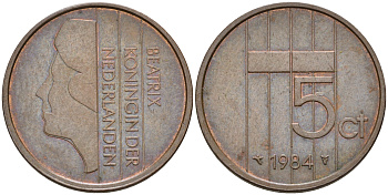 Нидерланды 5 центов 1984 Беатрикс (1980-2013) КМ 202 бронза    4602-521