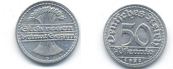 ГЕРМАНИЯ 50 ПФЕННИГОВ 1921 D KM 27, J. 301 алюминий 58-434