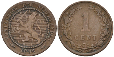 Нидерланды 1 цент 1898 Вильгельмина (1890-1948) KM 107 бронза 4576-631