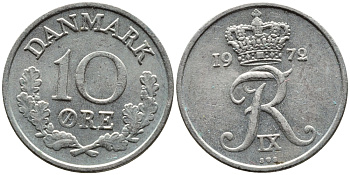 ДАНИЯ 10 ЭРЕ 1972 S; S, ФРЕДЕРИК IX (1947-1972) KM 849.2 медно-никель 4392-422
