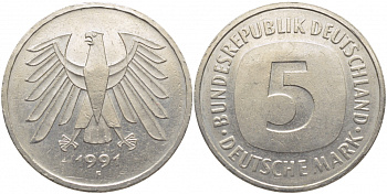 ФРГ 5 МАРОК 1991 F, J. 415, KM 140.1 медно-никель плакированный никелем 109-915