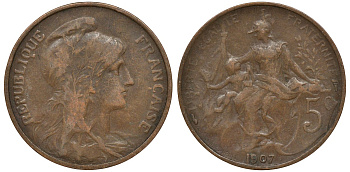 Франция 5 сантимов 1907 KM 842, LE FRANC 119.17 бронза 4163-616