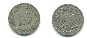 ГЕРМАНИЯ 10 ПФЕННИГОВ 1899 A KM 12, J. 13 медно-никель 4379-824