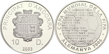 Андорра 10 динеров 2003 чемпионат мира по футболу в Германии 2006 года KM 289 серебро PROOF 11-153-34