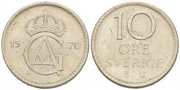 Швеция 10 эре 1970 U Густав VI Адольф (1950-1973) KM 836 медно-никель 3955-328