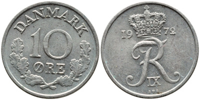ДАНИЯ 10 ЭРЕ 1972 S; S, ФРЕДЕРИК IX (1947-1972) KM 849.2 медно-никель 4392-422