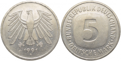 ФРГ 5 МАРОК 1991 F, J. 415, KM 140.1 медно-никель плакированный никелем 109-915