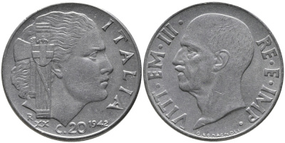 ИТАЛИЯ 20 ЧЕНТЕЗИМО 1942 R, ВИКТОР ИМАНУИЛ, XX ГОД, МАГНИТНАЯ KM 75b нержавеющая сталь 87-422
