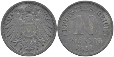 ГЕРМАНИЯ 10 ПФЕННИГОВ 1920 KM 26, J. 299 цинк 4401-516