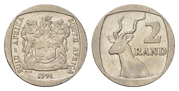 ЮАР 2 ранда 1991 KM 139 медь плакированная никелем 4626-1125