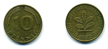 ФРГ 10 ПФЕННИГОВ 1992 А KM 108, J.383 сталь плакированная латунью 59-1413
