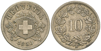 Швейцария 10 раппенов 1850 BB KM 6 серебро 4160-1045