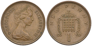 Великобритания 1 пенни 1971 Елизавета II (1952-2022) KM 915, Spink 4237 (B1) бронза 4609-458