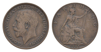 Великобритания 1 фартинг 1916 Георг V (1910-1936) KM 808.1, Spink 4059 бронза 4651-1161
